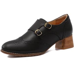 imageMona flying Womens Leather Chunky Heel Monk Strap Oxfords Wingtip Ladies Mid Heel Dress Loafers Pumps Shoes with BuckleBlack