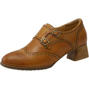 imageMona flying Womens Leather Chunky Heel Monk Strap Oxfords Wingtip Ladies Mid Heel Dress Loafers Pumps Shoes with BuckleBrown
