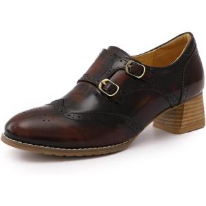 imageMona flying Womens Leather Chunky Heel Monk Strap Oxfords Wingtip Ladies Mid Heel Dress Loafers Pumps Shoes with BuckleWine Black