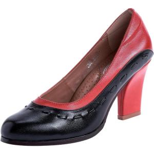 imageMona flying Womens Leather Closed Round Toe 3 inch Chunky High Heel Pumps Office Work Dress Shoes for LadiesBlackRed