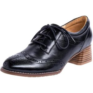 imageMona flying Womens Leather Med Chunky Heel Wingtip Brogue Laceup Dress Oxford Pumps Office Work Heel Shoes for LadiesBlack