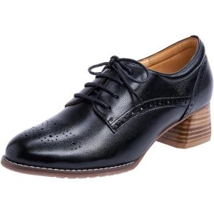 imageMona flying Womens Leather Med Chunky Heel Wingtip Brogue Laceup Dress Oxford Pumps Office Work Heel Shoes for LadiesBlackness
