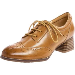 imageMona flying Womens Leather Med Chunky Heel Wingtip Brogue Laceup Dress Oxford Pumps Office Work Heel Shoes for LadiesBrown