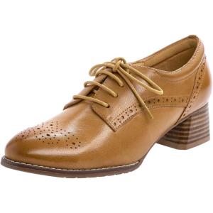 imageMona flying Womens Leather Med Chunky Heel Wingtip Brogue Laceup Dress Oxford Pumps Office Work Heel Shoes for LadiesTan