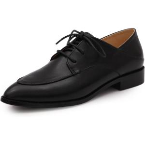 imageMona flying Womens Pointed Toe Oxfords Derby Retro Lace up Leather Flat Office Work Shoes for LadiesBlack