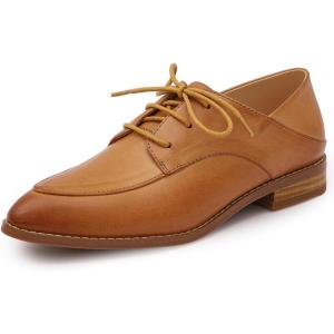 imageMona flying Womens Pointed Toe Oxfords Derby Retro Lace up Leather Flat Office Work Shoes for LadiesBrown