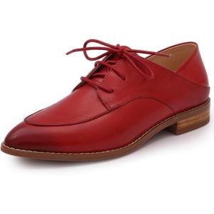imageMona flying Womens Pointed Toe Oxfords Derby Retro Lace up Leather Flat Office Work Shoes for LadiesRed