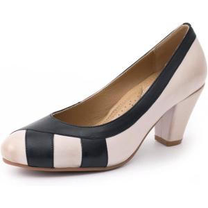 imageMona flying Womens Retro Dress Pumps 7cm Chunky Heel Leather Dressy Shoes for LadiesBeige Black