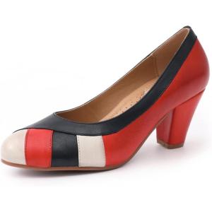 imageMona flying Womens Retro Dress Pumps 7cm Chunky Heel Leather Dressy Shoes for LadiesBeige Red Black