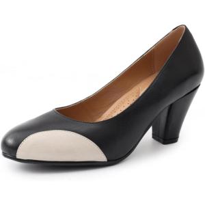 imageMona flying Womens Retro Dress Pumps 7cm Chunky Heel Leather Dressy Shoes for LadiesBlack Beige