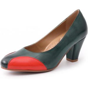 imageMona flying Womens Retro Dress Pumps 7cm Chunky Heel Leather Dressy Shoes for LadiesDark Green Red