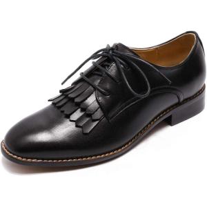 imageMona flying Womens Tassel Oxfords Derby Comfortable Lace up Leather Flat Office Work Shoes for LadiesBlack