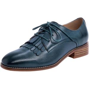 imageMona flying Womens Tassel Oxfords Derby Comfortable Lace up Leather Flat Office Work Shoes for LadiesBlue