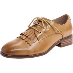 imageMona flying Womens Tassel Oxfords Derby Comfortable Lace up Leather Flat Office Work Shoes for LadiesBrown