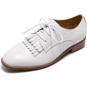 imageMona flying Womens Tassel Oxfords Derby Comfortable Lace up Leather Flat Office Work Shoes for LadiesOffwhite
