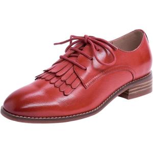 imageMona flying Womens Tassel Oxfords Derby Comfortable Lace up Leather Flat Office Work Shoes for LadiesRed