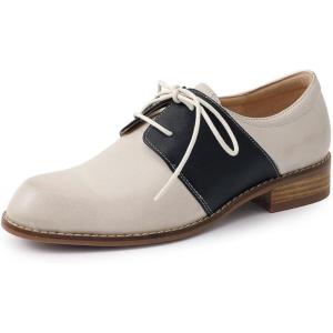 imageMona flying Womens Handmade Two Tone Dress Oxfords Derby Comfy Lace up Leather Shoes for LadiesOffwhite Black