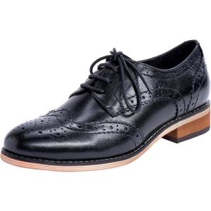 imageMona flying Womens Leather Perforated Laceup Oxfords Brogue Wingtip Derby Shoes for ladis WomenInk Black