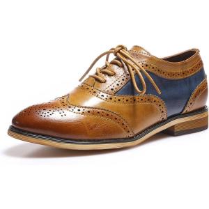 imageMona flying Womens Stacked Heel Wingtip Oxfords Ladies Comfortable Laceup Leather Brogue ShoesBrownblue