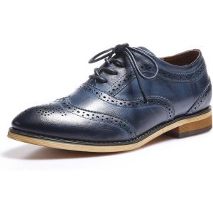 imageMona flying Womens Stacked Heel Wingtip Oxfords Ladies Comfortable Laceup Leather Brogue ShoesDark Blue