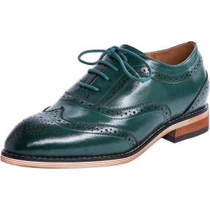 imageMona flying Womens Stacked Heel Wingtip Oxfords Ladies Comfortable Laceup Leather Brogue ShoesDark Green