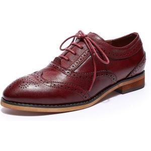 imageMona flying Womens Stacked Heel Wingtip Oxfords Ladies Comfortable Laceup Leather Brogue ShoesGarnet