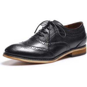 imageMona flying Womens Stacked Heel Wingtip Oxfords Ladies Comfortable Laceup Leather Brogue ShoesPure Black