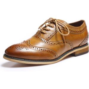 imageMona flying Womens Stacked Heel Wingtip Oxfords Ladies Comfortable Laceup Leather Brogue ShoesTan