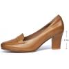 imageMona flying Womens Leather 7 cm Chunky Heel Loafers Pumps Square Toe High Heel Office Work Dress Shoes for LadiesBrown