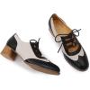 imageMona flying Womens Wingtip Oxfords Chunky Heel Lace up Dress Pumps Perforated Round Toe 4cm Mid Heel Leather Shoes for LadiesBlack Offwhite