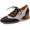 imageMona flying Womens Wingtip Oxfords Chunky Heel Lace up Dress Pumps Perforated Round Toe 4cm Mid Heel Leather Shoes for LadiesBlack Offwhite