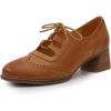 imageMona flying Womens Wingtip Oxfords Chunky Heel Lace up Dress Pumps Perforated Round Toe 4cm Mid Heel Leather Shoes for LadiesBrown