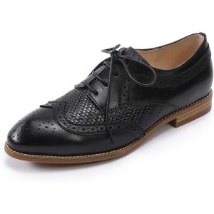 imageMona flying Leather Flat Oxfords for Women Lace up Brogue Wingtips for LadiesBlack