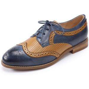 imageMona flying Leather Flat Oxfords for Women Lace up Brogue Wingtips for LadiesBlue Brown