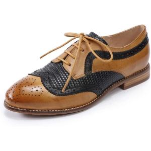 imageMona flying Leather Flat Oxfords for Women Lace up Brogue Wingtips for LadiesBrown Black