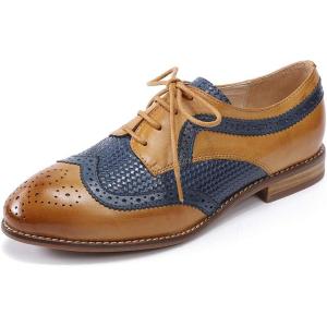 imageMona flying Leather Flat Oxfords for Women Lace up Brogue Wingtips for LadiesBrown Blue