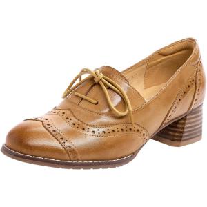 imageMona flying Womens Leather 4 cm Mid Chunky Heel Wingtip Oxfords Brogue Lace up Dress Pumps Heel Office Work Shoes for LadiesBrown