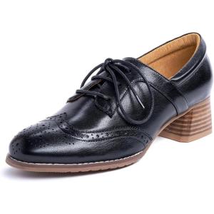 imageMona flying Womens Leather 4 cm Mid Chunky Heel Wingtip Oxfords Brogue Lace up Dress Pumps Heel Office Work Shoes for LadiesPitchblack
