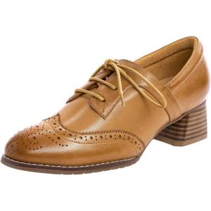 imageMona flying Womens Leather 4 cm Mid Chunky Heel Wingtip Oxfords Brogue Lace up Dress Pumps Heel Office Work Shoes for LadiesTan