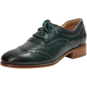 imageMona flying Womens Leather Oxfords Brogue Wingtips Lace up Flat Office Work Shoes for LadiesBlackGreen
