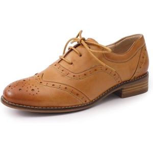 imageMona flying Womens Leather Oxfords Brogue Wingtips Lace up Flat Office Work Shoes for LadiesBrown