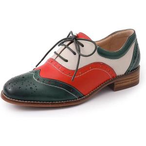 imageMona flying Womens Leather Oxfords Brogue Wingtips Lace up Flat Office Work Shoes for LadiesDark Greenredoffwhite