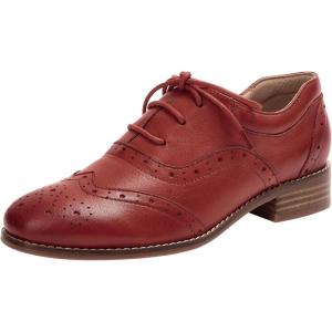 imageMona flying Womens Leather Oxfords Brogue Wingtips Lace up Flat Office Work Shoes for LadiesJujube Red