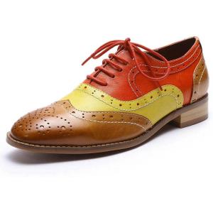 imageMona flying Womens Leather Perforated Laceup Oxfords Brogue Wingtip Derby Shoes for LadiesBrownyellowred