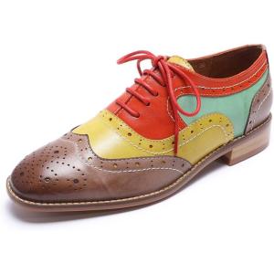 imageMona flying Womens Leather Perforated Laceup Oxfords Brogue Wingtip Derby Shoes for LadiesCoffeeyellowred
