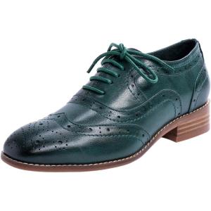 imageMona flying Womens Leather Perforated Laceup Oxfords Brogue Wingtip Derby Shoes for LadiesDark Green