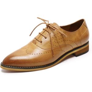 imageMona flying Womens Pointed Toe Leather Oxfords Brogue Stylish Lace up Leather Shoes for WorkBrown