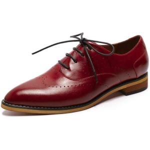 imageMona flying Womens Pointed Toe Leather Oxfords Brogue Stylish Lace up Leather Shoes for WorkRed