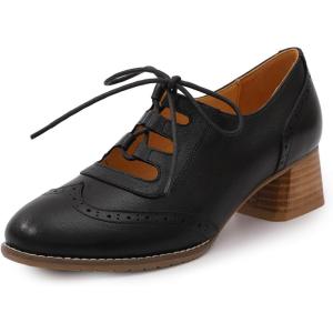 imageMona flying Womens Wingtip Oxfords Chunky Heel Lace up Dress Pumps Perforated Round Toe 4cm Mid Heel Leather Shoes for LadiesBlack