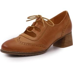 imageMona flying Womens Wingtip Oxfords Chunky Heel Lace up Dress Pumps Perforated Round Toe 4cm Mid Heel Leather Shoes for LadiesBrown